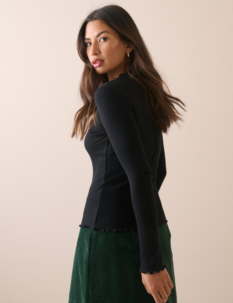 Black High Neck Frill Long Sleeve Top