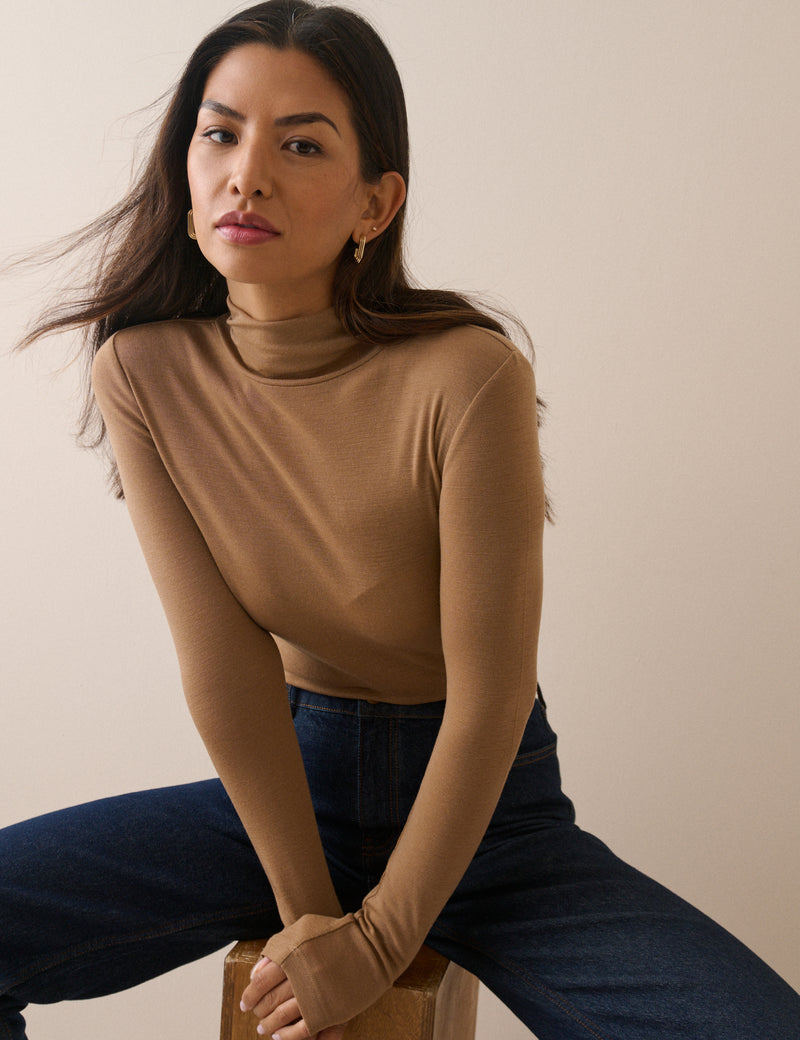 Camel Merino Wool Roll Neck Top