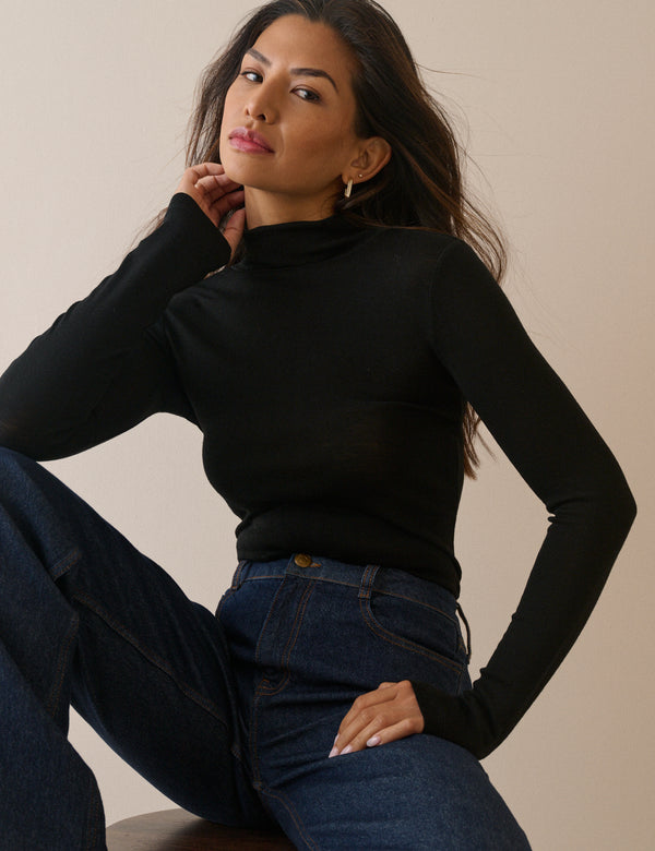 Black Merino Wool Roll Neck Top