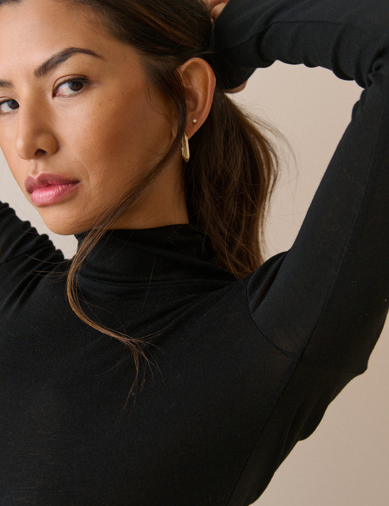 Black Merino Wool Roll Neck Top