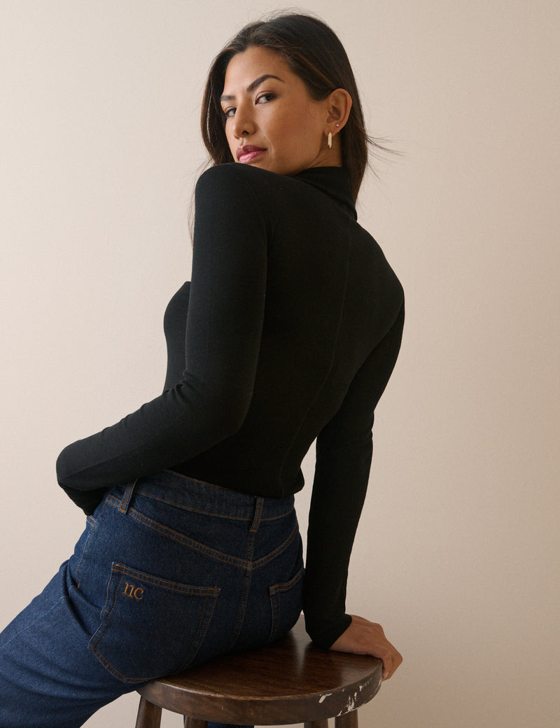 Black Merino Wool Roll Neck Top