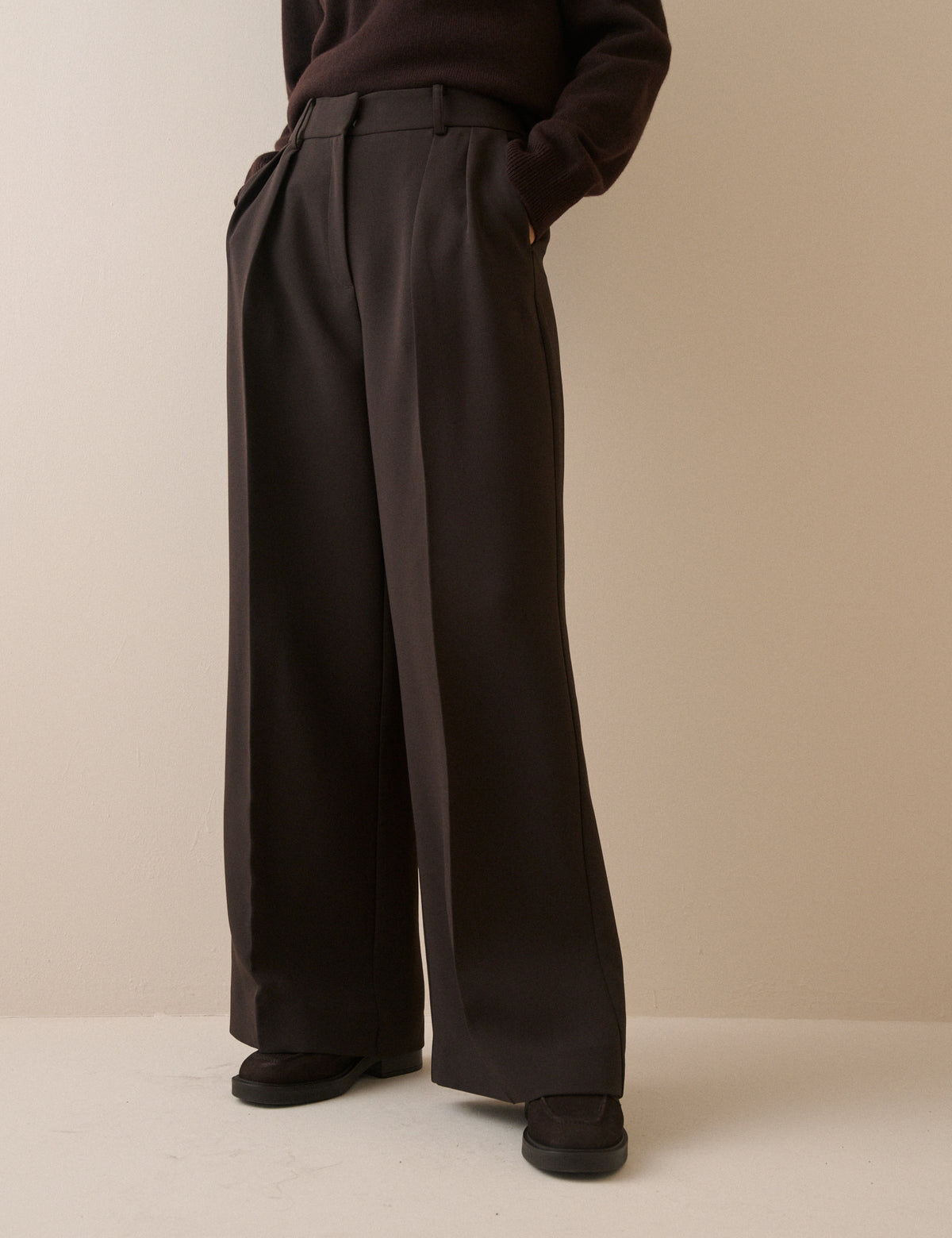 Brown High Waisted Crepe Wide Leg Trousers