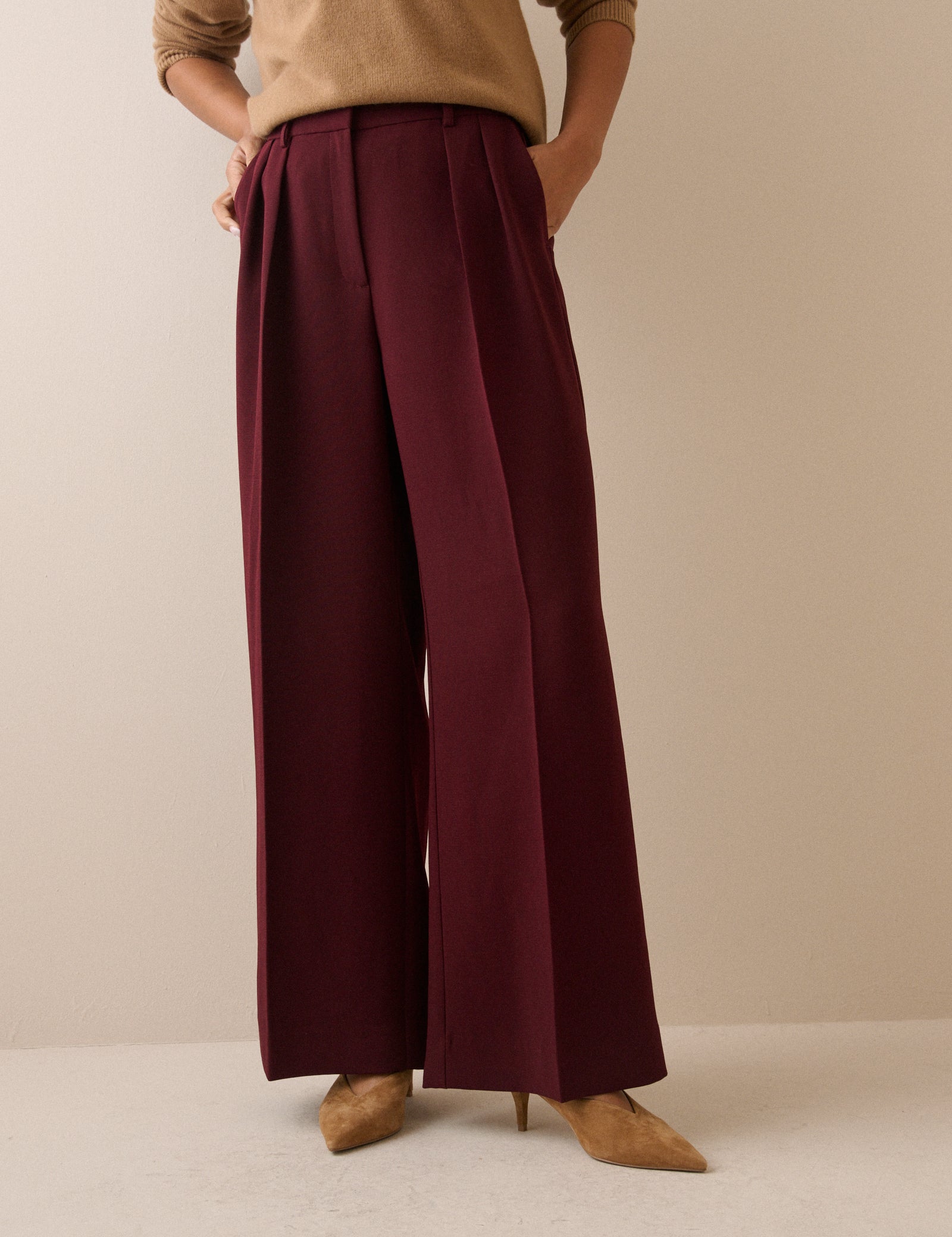Burgundy High Waisted Crepe Wide Leg Trousers