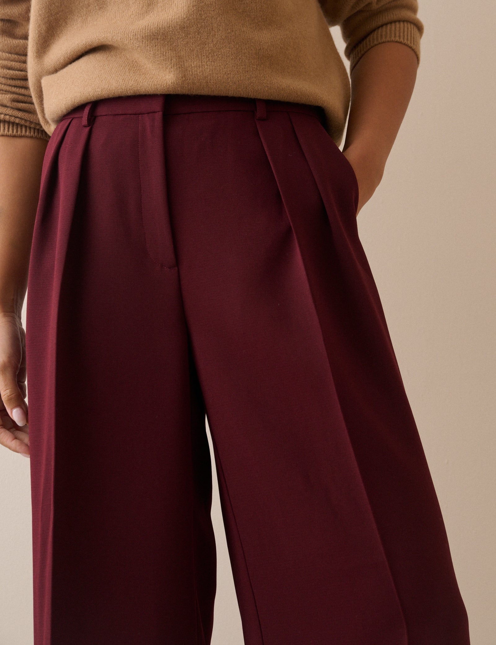 Burgundy High Waisted Crepe Wide Leg Trousers