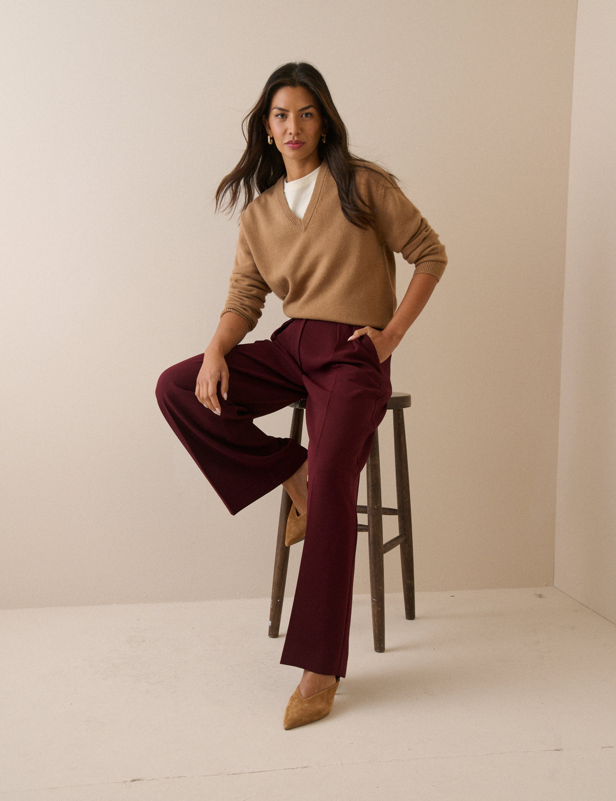 Burgundy High Waisted Crepe Wide Leg Trousers