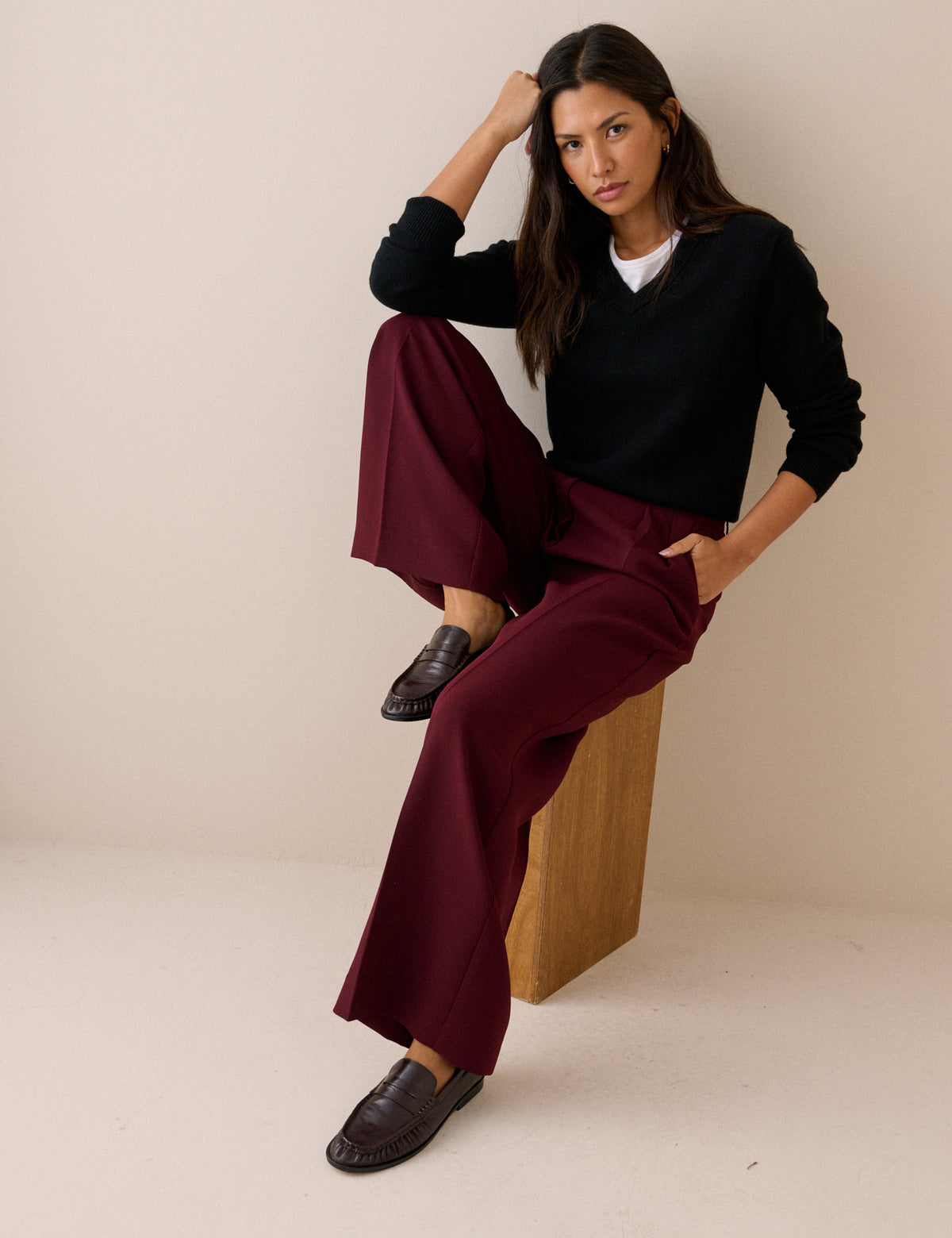 Burgundy High Waisted Rue Wide Leg Trousers