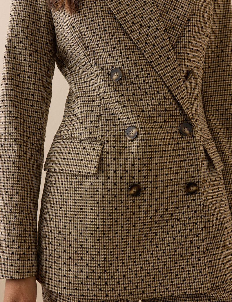 Beige Houndstooth Polka Dot Double Breasted Blazer