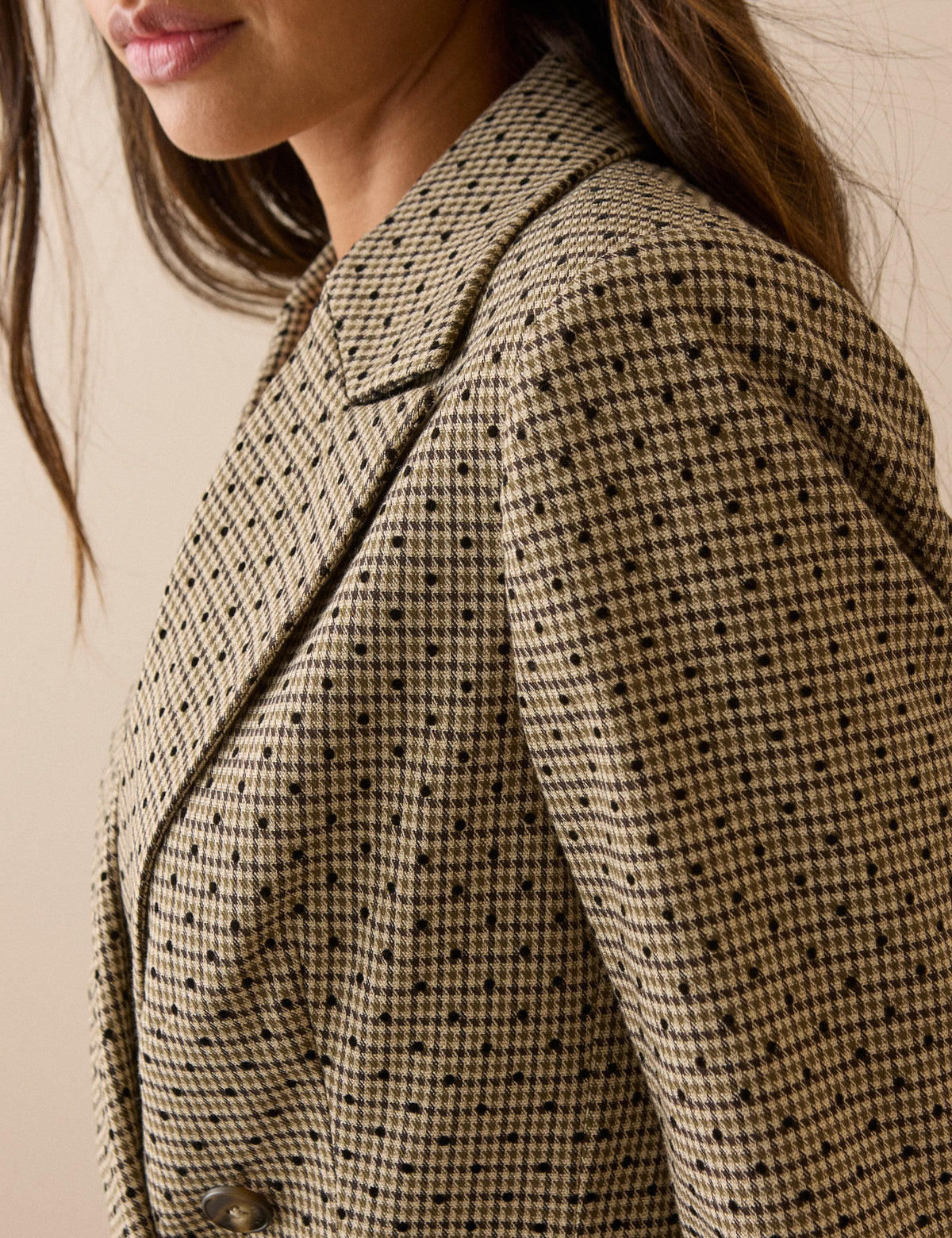 Beige Houndstooth Polka Dot Double Breasted Blazer