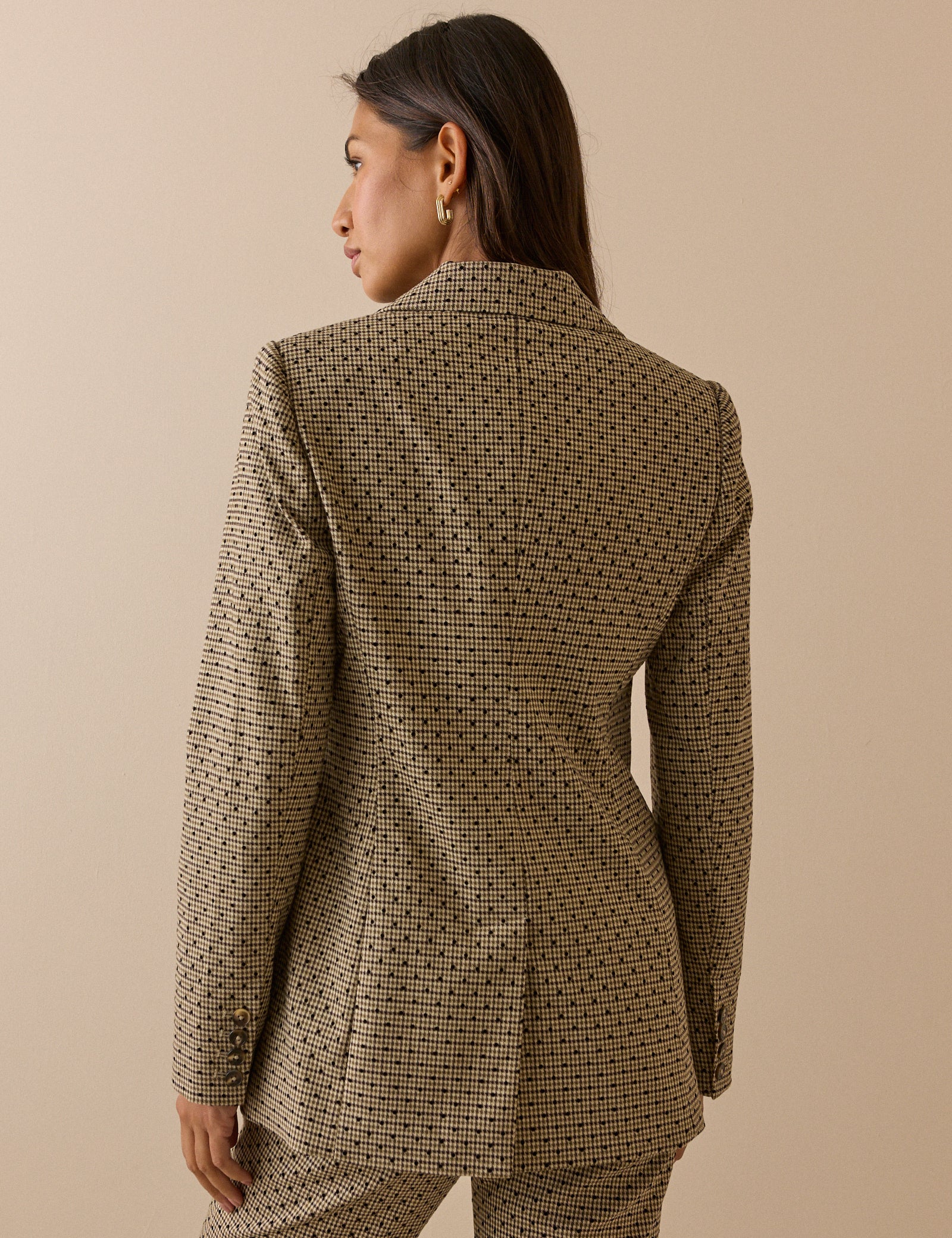 Beige Houndstooth Polka Dot Double Breasted Blazer