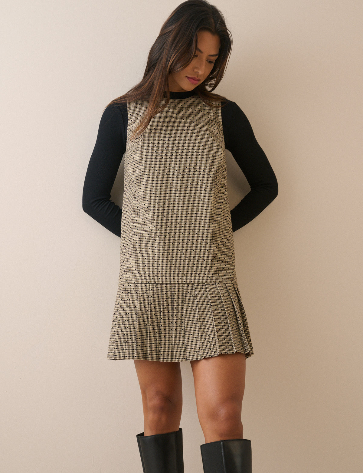 Beige Check Drop Waist Shift Dress