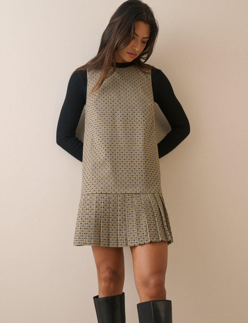 Beige Check Drop Waist Shift Dress