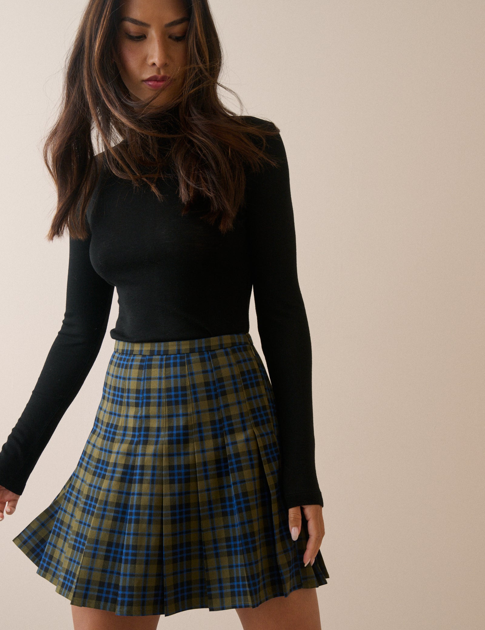 Green Tartan Pleated Mini Skirt