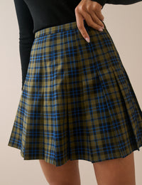 Green Tartan Pleated Mini Skirt