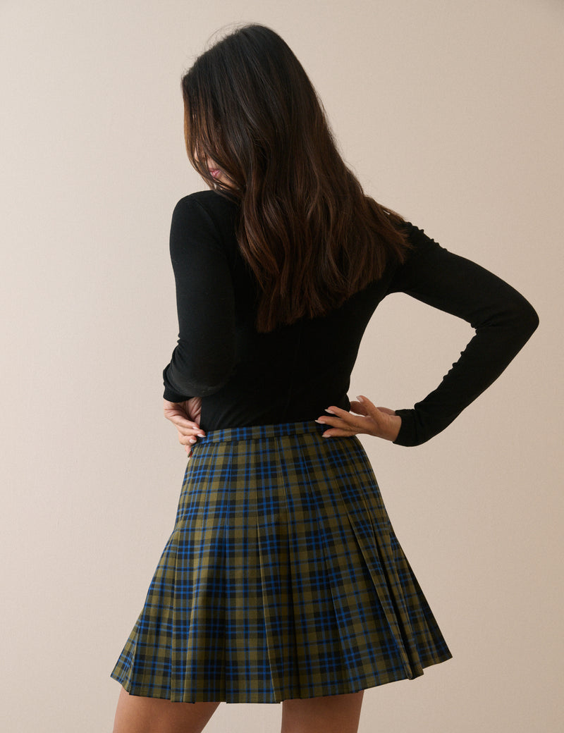 Green Tartan Pleated Mini Skirt