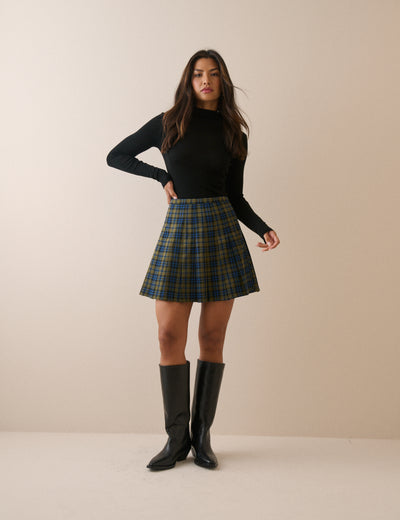 Green Tartan Pleated Mini Skirt