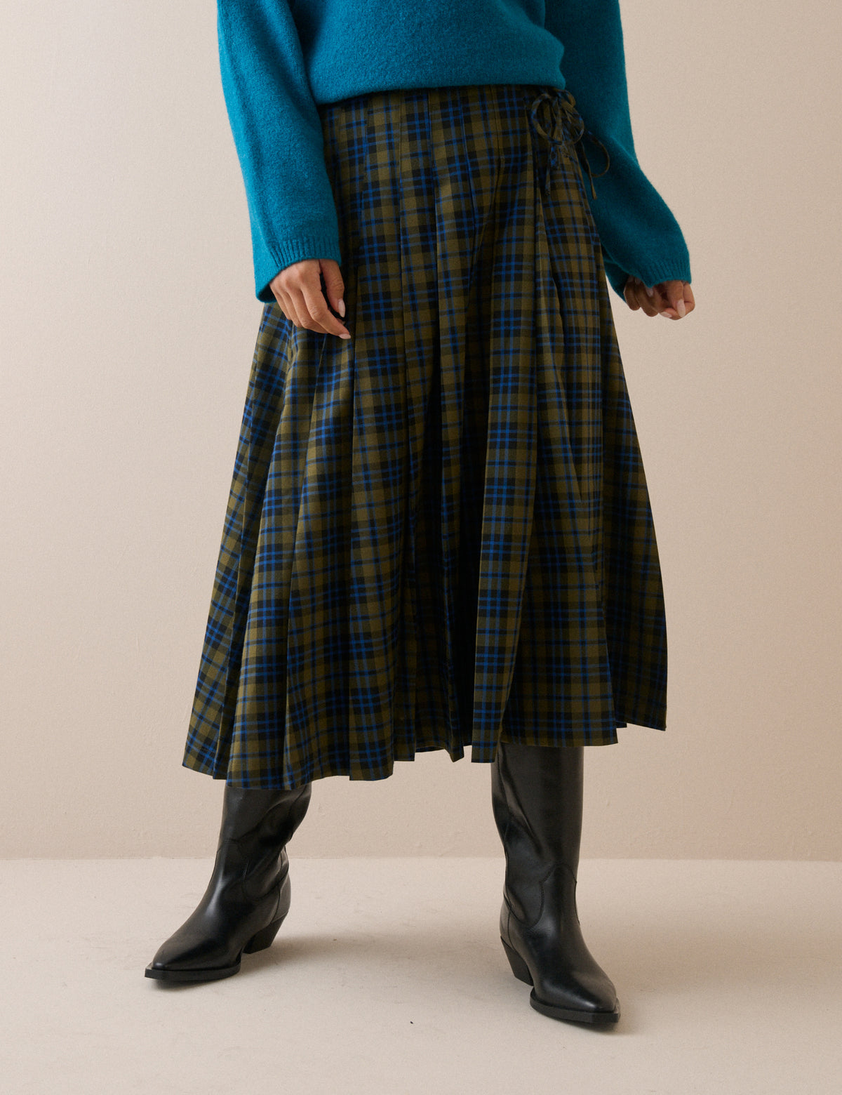 Blue and Green Tartan Pleated Midi Skirt