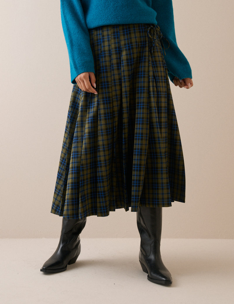 Blue and Green Tartan Pleated Midi Skirt