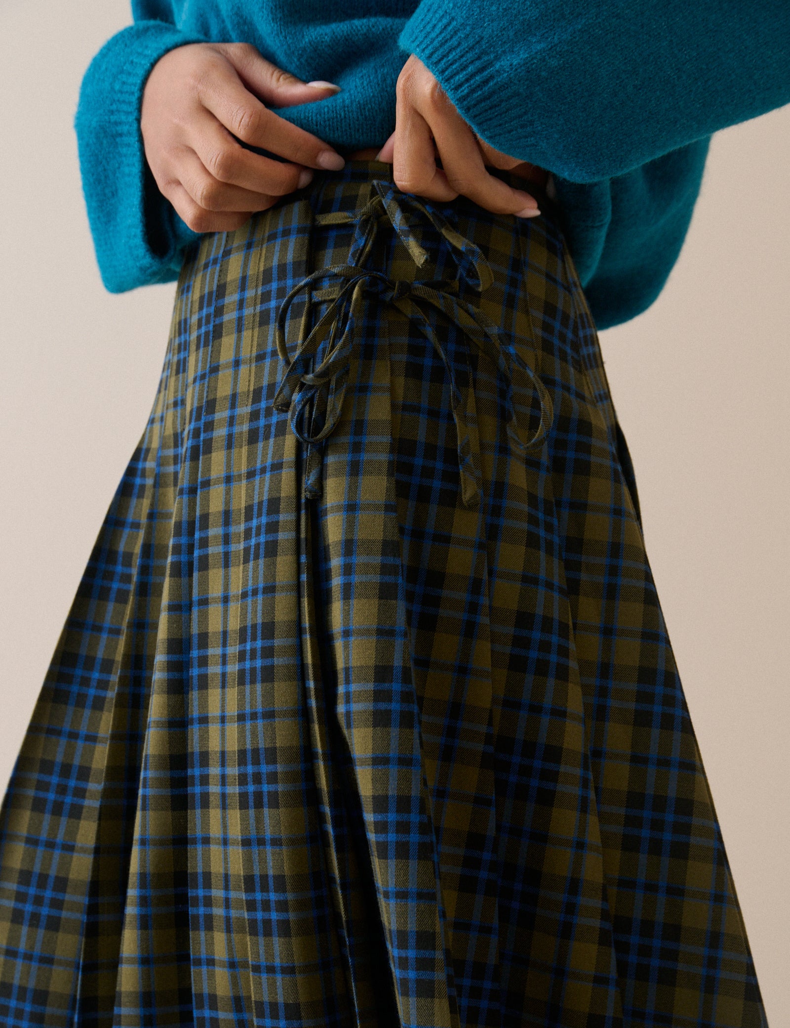 Blue and Green Tartan Pleated Midi Skirt