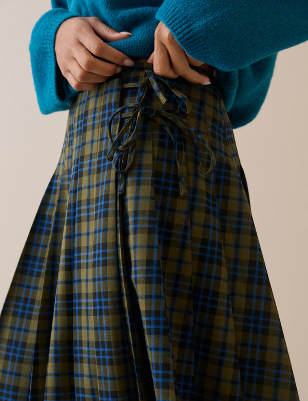Blue and Green Tartan Pleated Midi Skirt