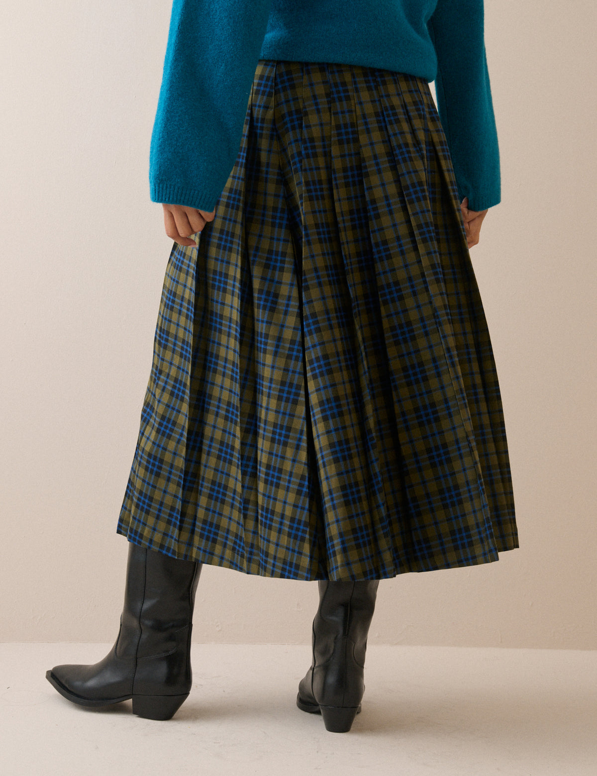 Blue and Green Tartan Pleated Midi Skirt