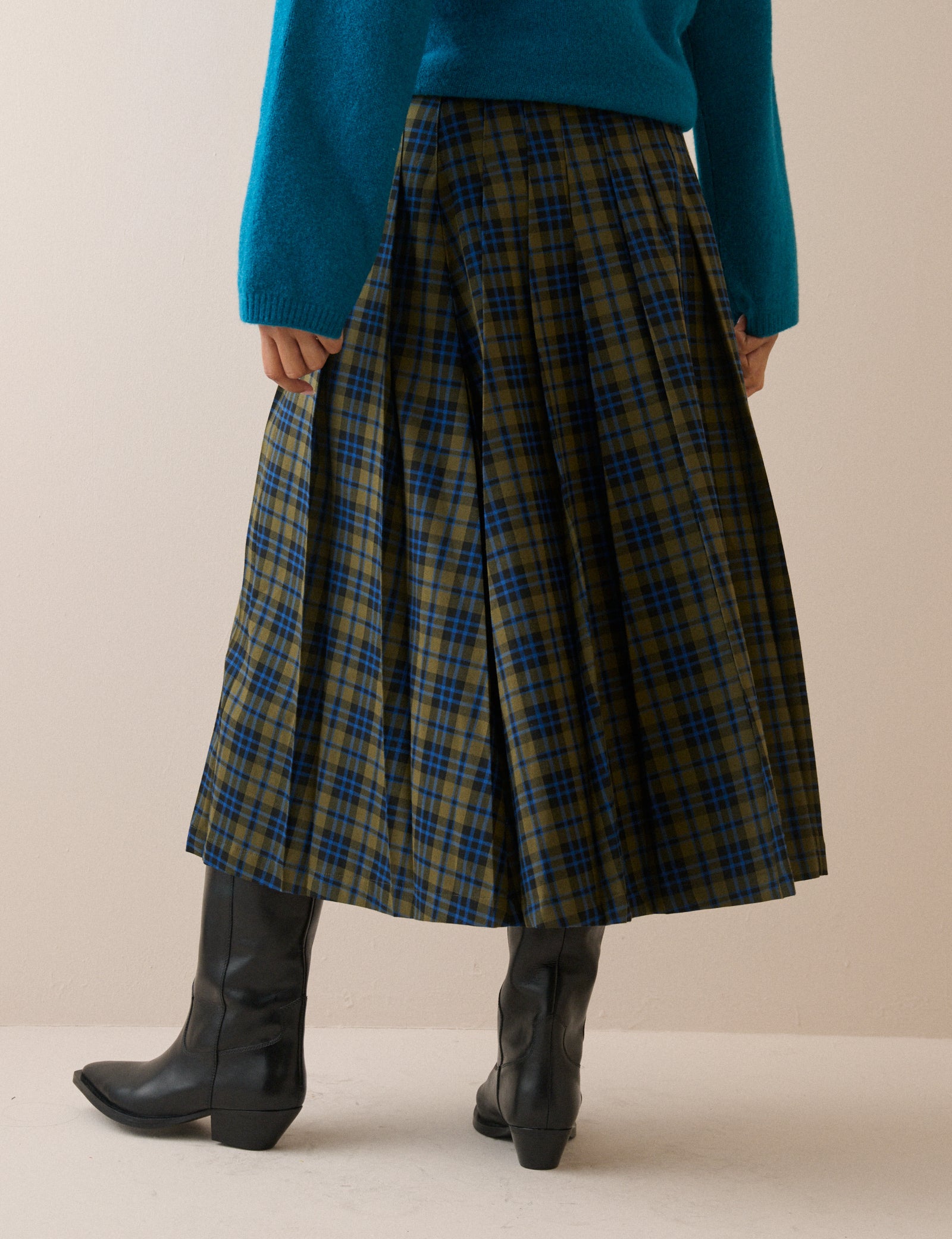 Blue and Green Tartan Pleated Midi Skirt