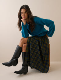 Blue and Green Tartan Pleated Midi Skirt