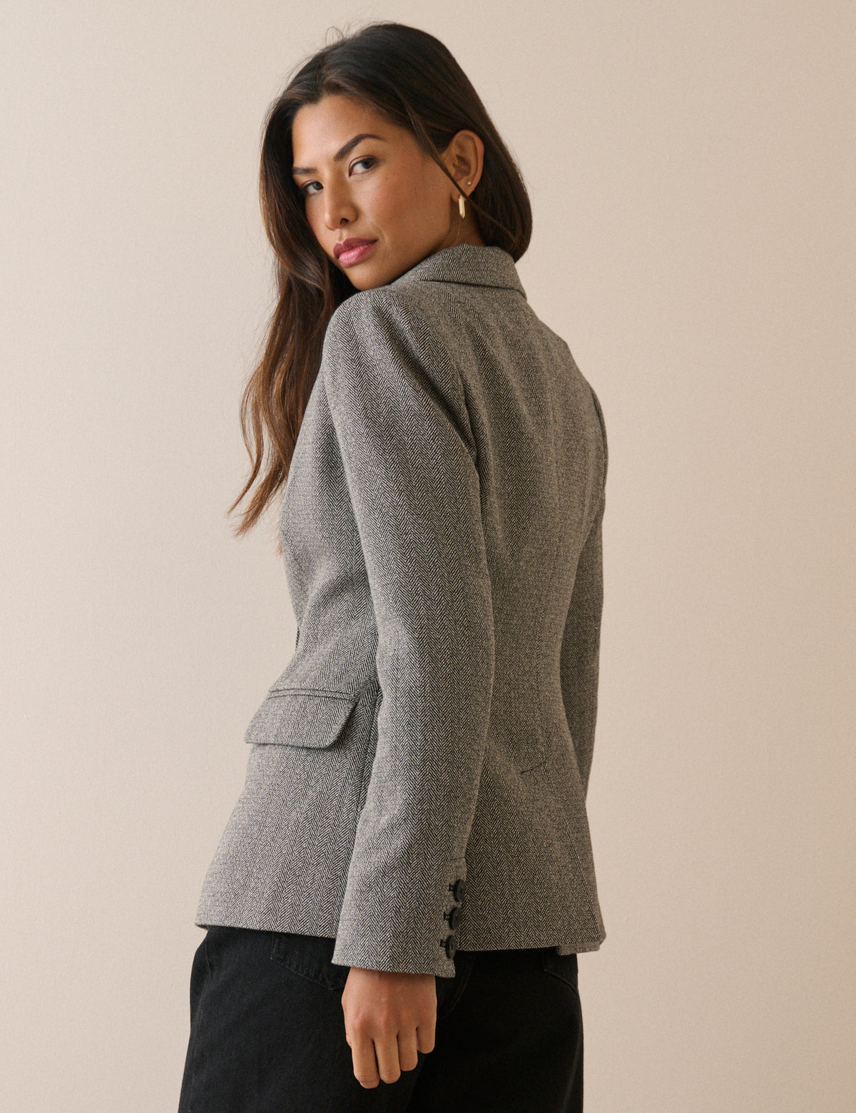 Grey Herringbone Cinched Blazer