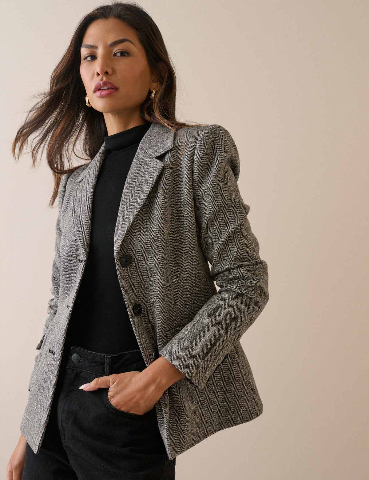Grey Herringbone Cinched Blazer