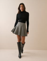 Grey Herringbone Pleated Mini Skirt
