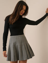 Grey Herringbone Pleated Mini Skirt