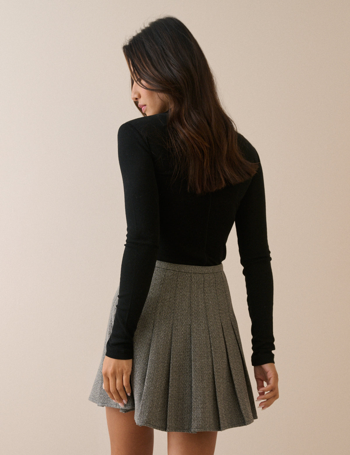 Grey Herringbone Pleated Mini Skirt