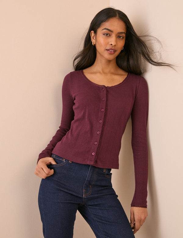 Burgundy Scoop Neck Pointelle Cardigan