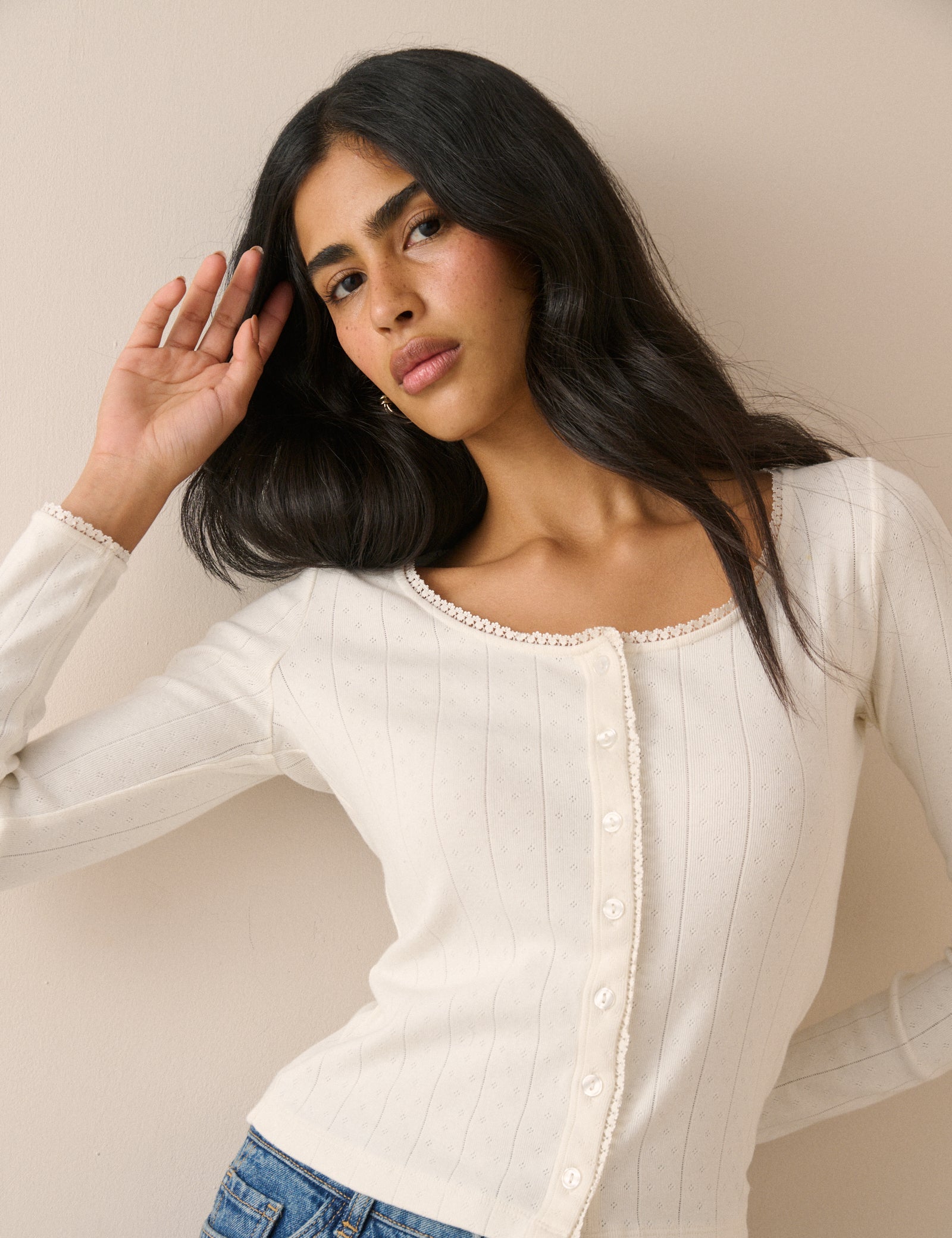 White Scoop Neck Pointelle Cardigan