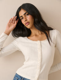 White Scoop Neck Pointelle Cardigan