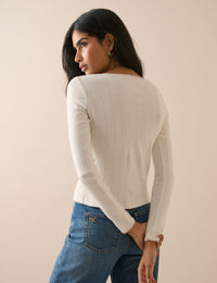 White Scoop Neck Pointelle Cardigan