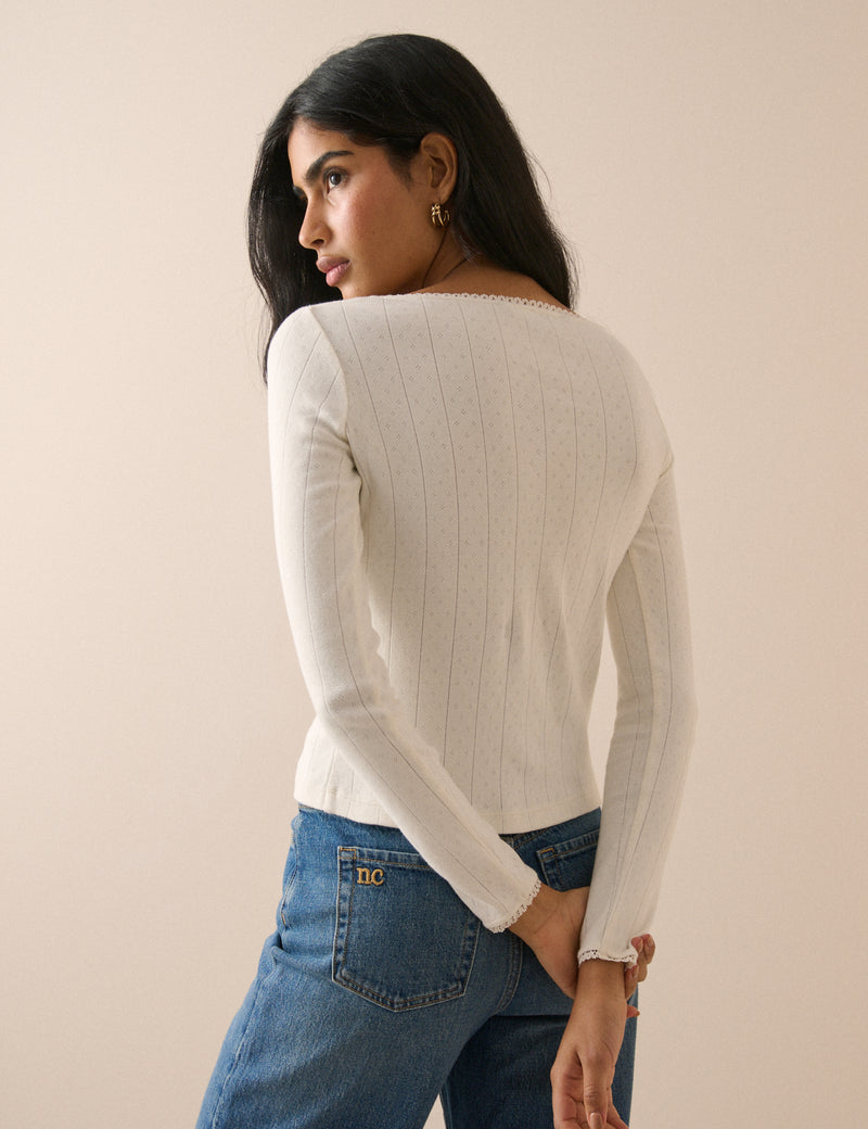 White Scoop Neck Pointelle Cardigan