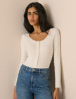 White Scoop Neck Pointelle Cardigan