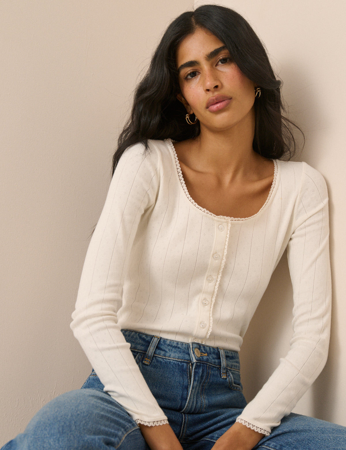 White Scoop Neck Pointelle Cardigan