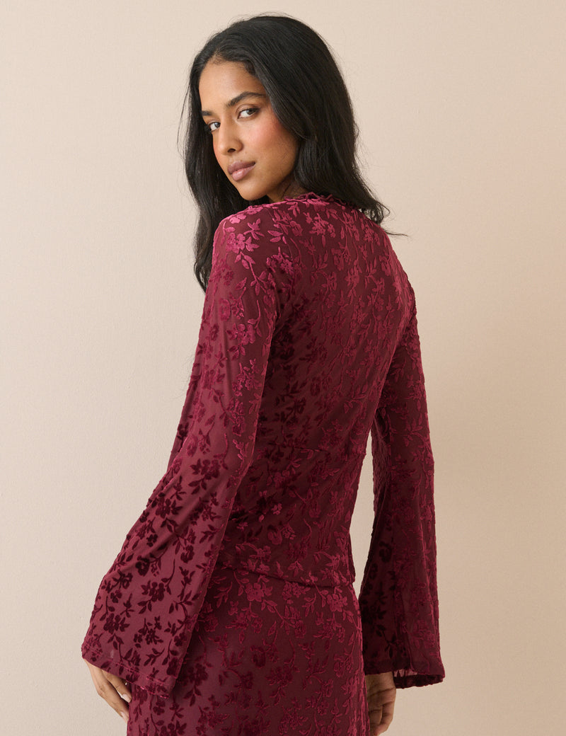 Burgundy Velvet Floral Flute Sleeve Top