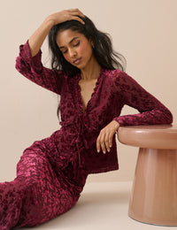 Burgundy Velvet Floral Flute Sleeve Top
