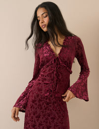 Burgundy Velvet Floral Flute Sleeve Top