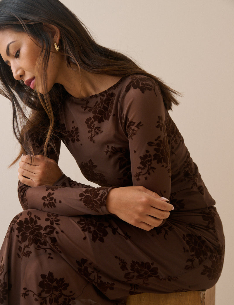 Brown Floral Mesh Long Sleeve Top
