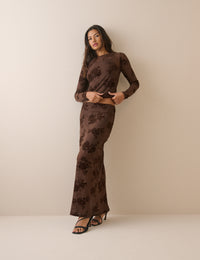 Brown Floral Mesh Long Sleeve Top