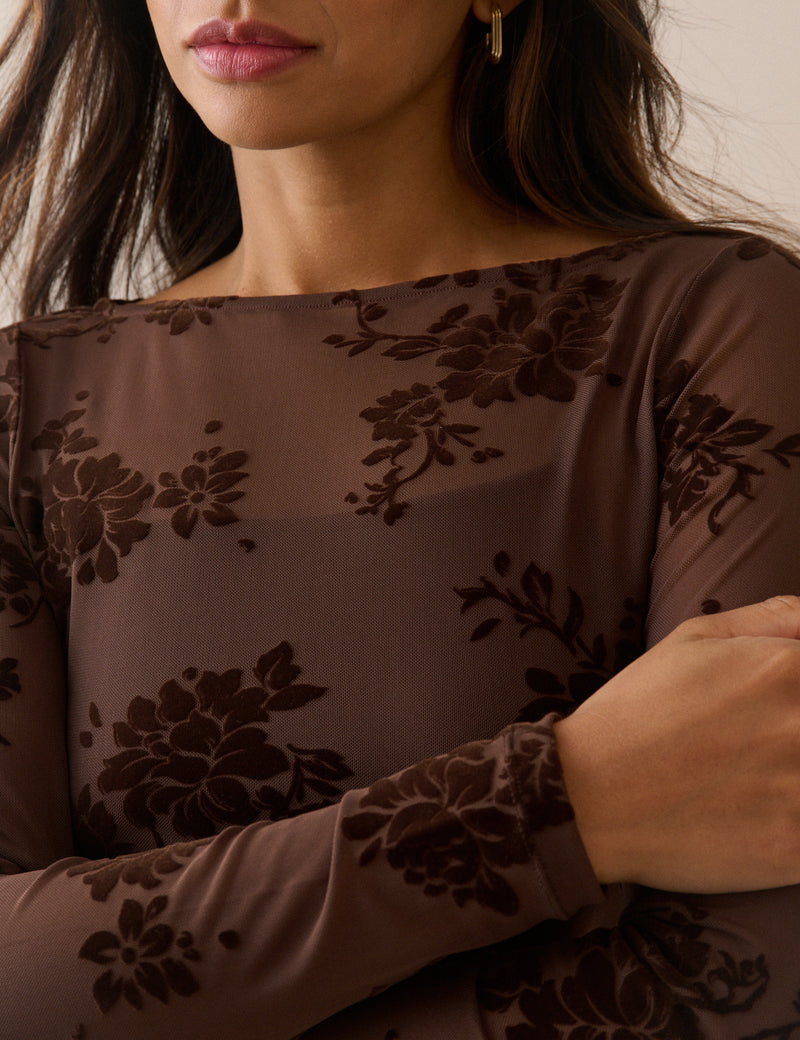 Brown Floral Mesh Long Sleeve Top