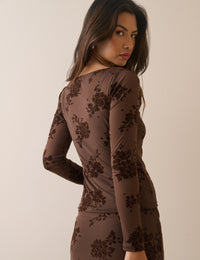Brown Floral Mesh Long Sleeve Top