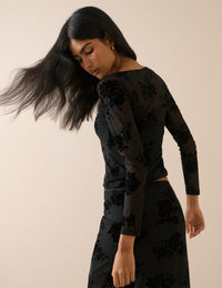 Black Floral Mesh Long Sleeve Top