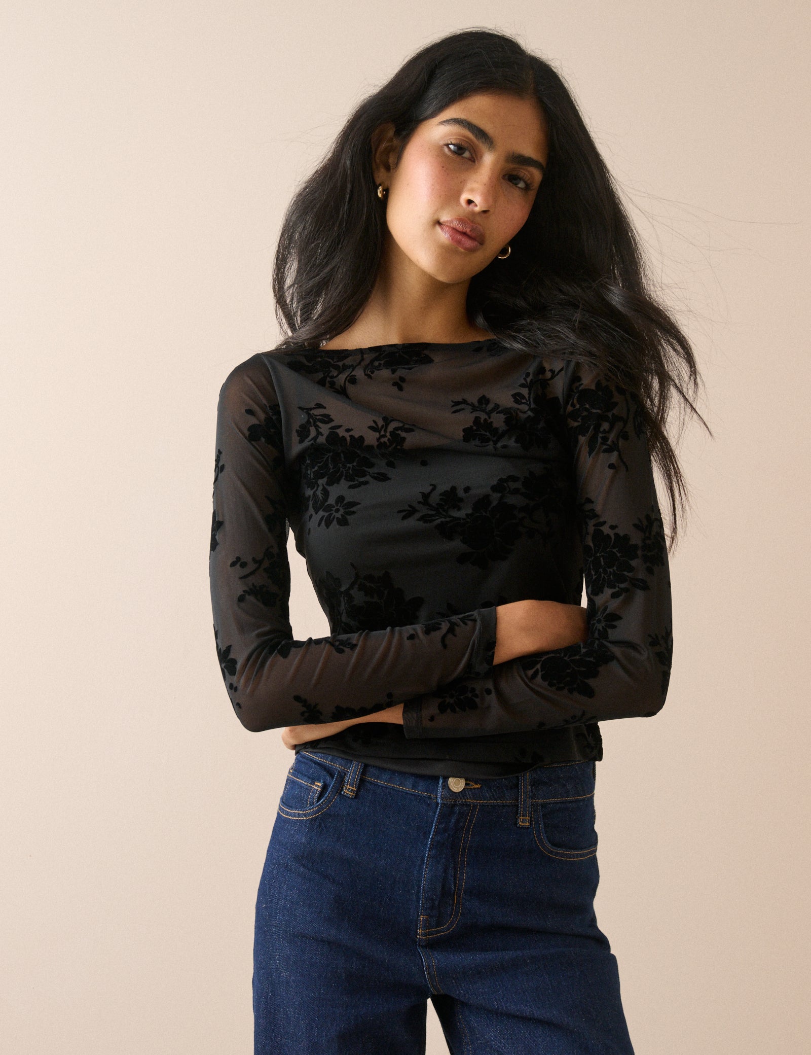 Black Floral Mesh Long Sleeve Top