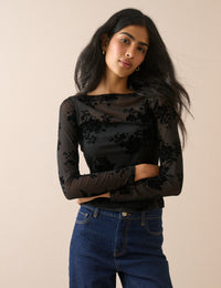Black Floral Mesh Long Sleeve Top