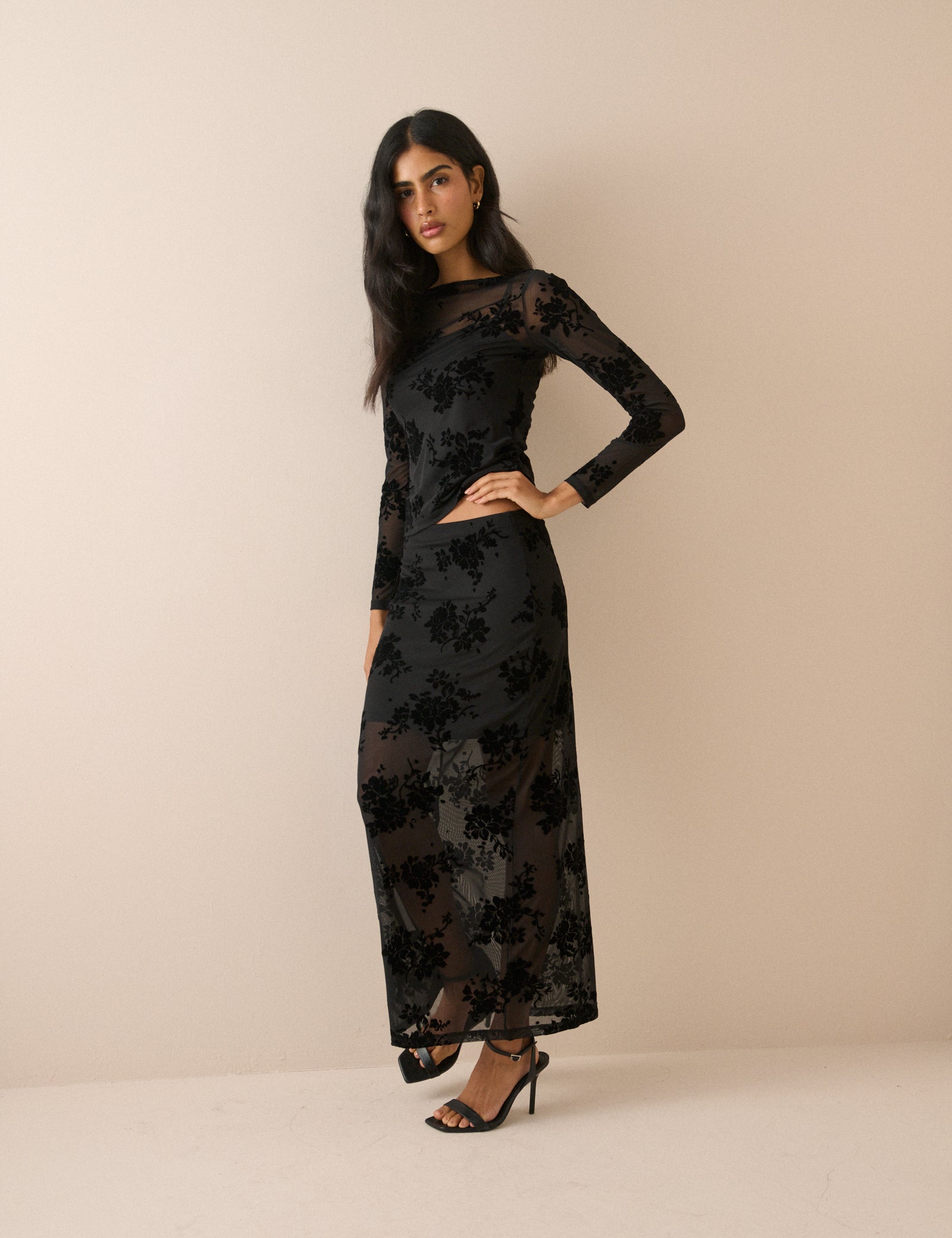 Black Floral Mesh Long Sleeve Top