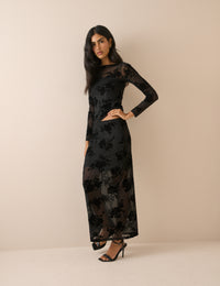 Black Floral Mesh Long Sleeve Top